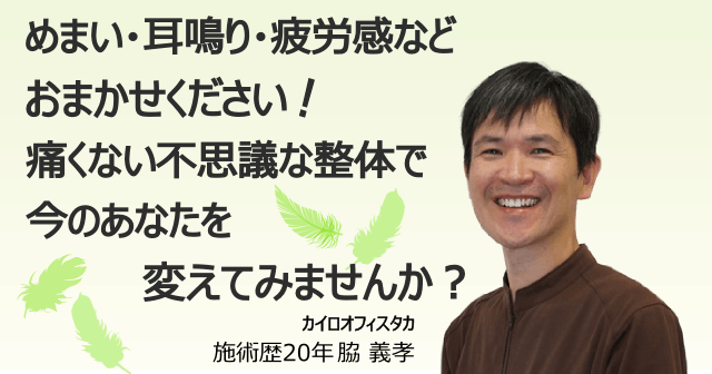 めまい・耳鳴り・疲労感はおまかせください。痛くない不思議な整体で今のあなたを変えてみませんか?