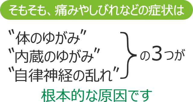 そもそも、痛みやしびれなどの症状は体のゆがみ、内蔵のゆがみ、自律神経の乱れの３つが根本的な原因です