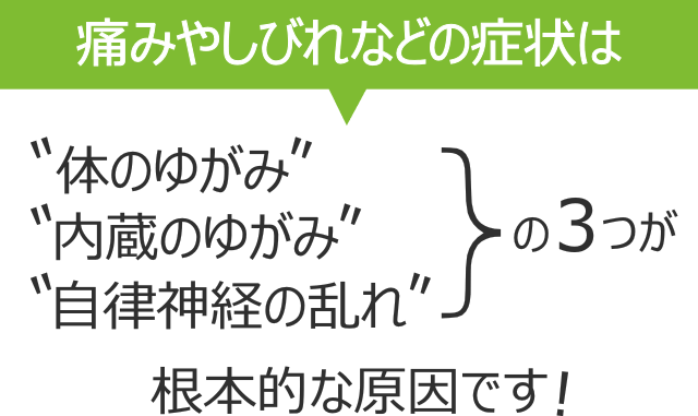 痛みやしびれなどの症状は体のゆがみ・内蔵のゆがみ。自律神経の乱れの３つが根本的な原因です